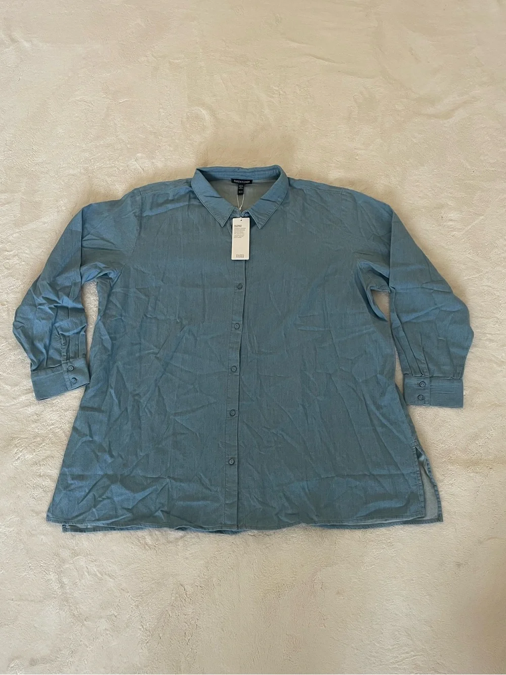 Eileen Fisher Airy Organic Cotton Twill Classic Collar Shirt in Washed Indigo 1X - Picture 2 of 7